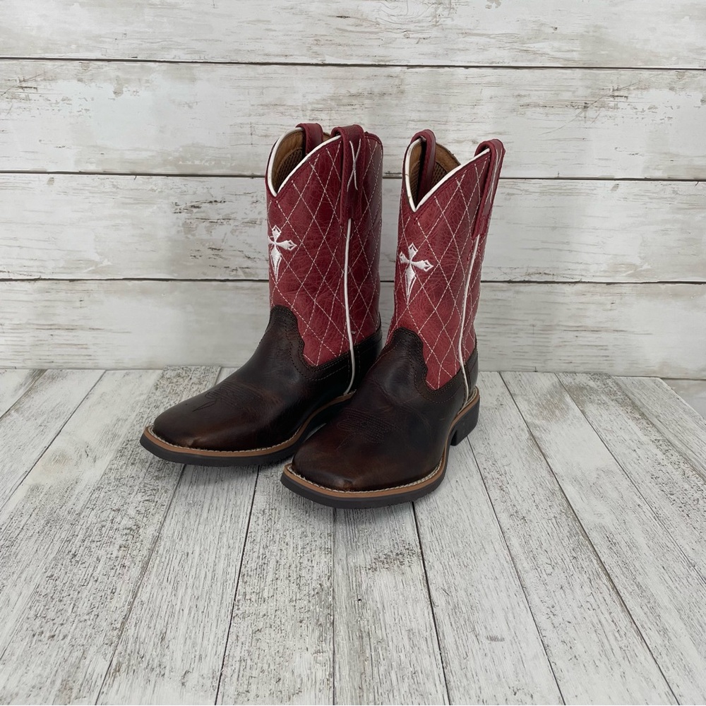 Twisted X Kids Red‎ & Brown Leather Square Toe Cowboy Boots Size 9.5M Western